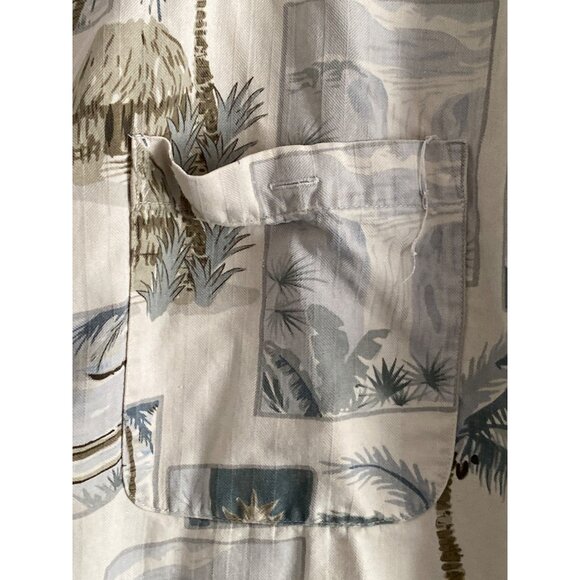 VTG Banana Cabana Shirt SS Hawaiian Palm Tree Cream Blue Button Front Chest L - Picture 4 of 8